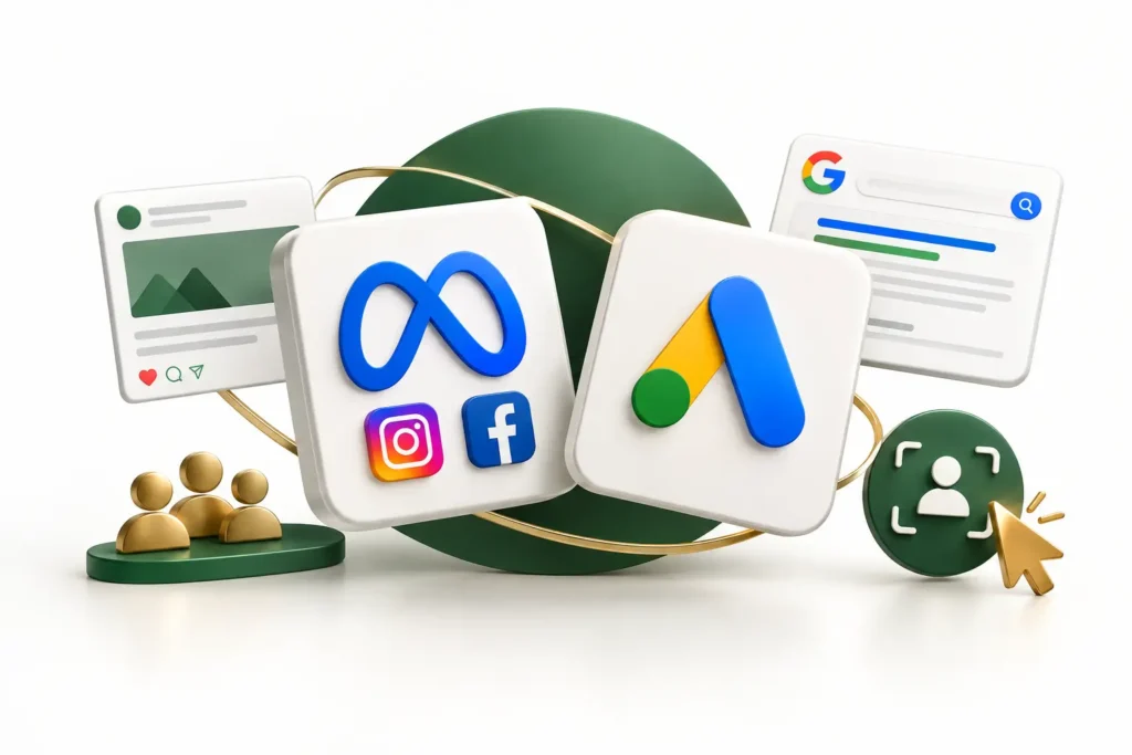 Diferença entre anunciar no Google Ads e no Meta Ads no tráfego pago.