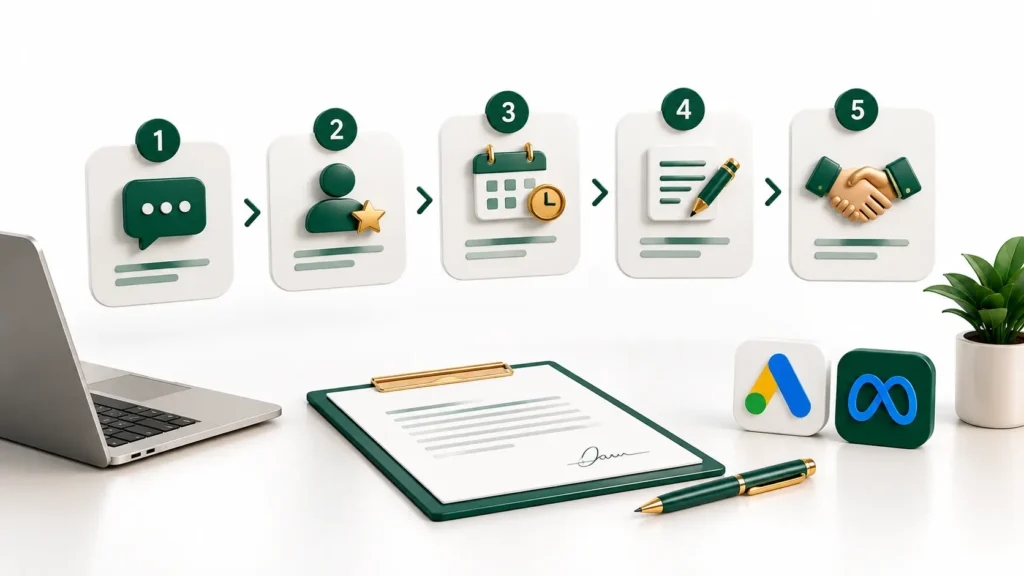 Tráfego pago para indústria: as 5 etapas entre o contato e o contrato, do pedido de orçamento ao fechamento.