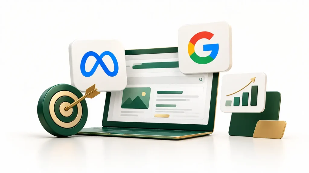 Tráfego pago para indústria no Google Ads e no Meta Ads, com anúncio na busca e gráfico de resultados.